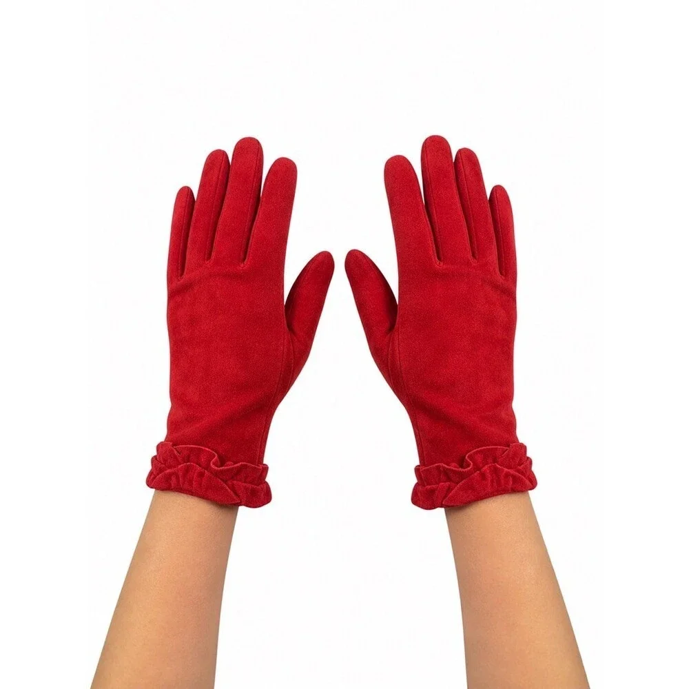 Cole Haan Red Suede Ruffle Cuff Gloves 100% Cashmere Lined womens size Medium